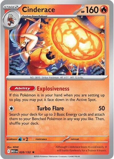 2025 Pokemon: ME01: Mega Evolution (MEG) - Cinderace (#028/132, Rare) (Reverse Holofoil, Near Mint)