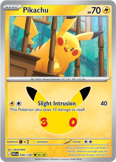 2026 Pokemon: ME: 30th Celebration (30C) - Pikachu 036 128 (#036/128, Pikachu Rare) (Holofoil, Near Mint)