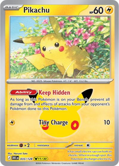 2026 Pokemon: ME: 30th Celebration (30C) - Pikachu 033 128 (#033/128, Pikachu Rare) (Holofoil, Near Mint)