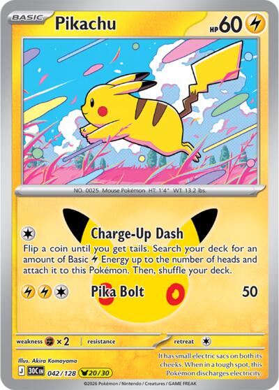 2026 Pokemon: ME: 30th Celebration (30C) - Pikachu - 042/128 (#042/128, Pikachu Rare) (Holofoil, Near Mint)