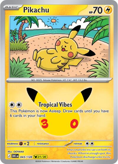 2026 Pokemon: ME: 30th Celebration (30C) - Pikachu - 043/128 (#043/128, Pikachu Rare) (Holofoil, Near Mint)