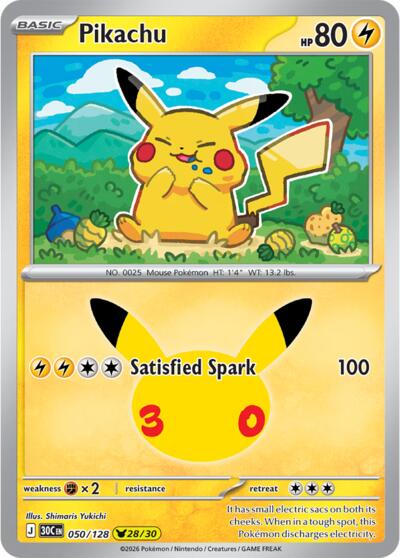 2026 Pokemon: ME: 30th Celebration (30C) - Pikachu - 050/128 (#050/128, Pikachu Rare) (Holofoil, Near Mint)