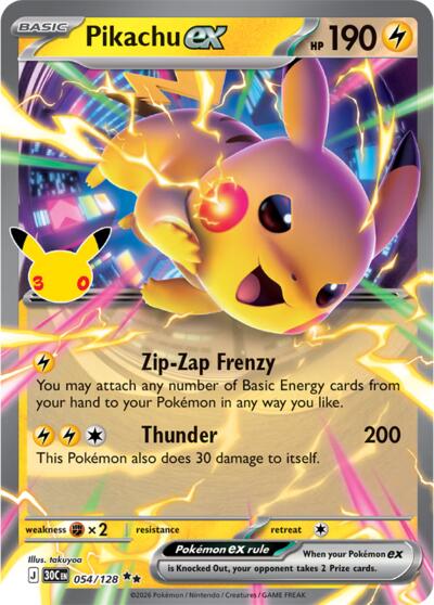 2026 Pokemon: ME: 30th Celebration (30C) - Pikachu ex 054 128 (#054/128, Double Rare) (Holofoil, Near Mint)