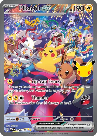 2026 Pokemon: ME: 30th Celebration (30C) - Pikachu ex 150 128 (#150/128, Special Illustration Rare) (Holofoil, Near Mint)