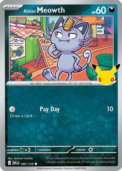 2026 Pokemon: ME: 30th Celebration (30C) - Alolan Meowth - 089/128 (#089/128, Common) (Holofoil, Near Mint)