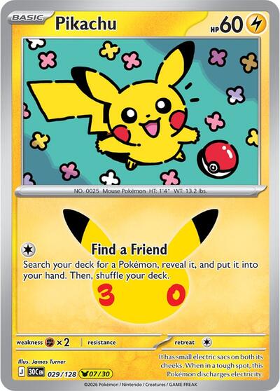 2026 Pokemon: ME: 30th Celebration (30C) - Pikachu 029 128 (#029/128, Pikachu Rare) (Holofoil, Near Mint)