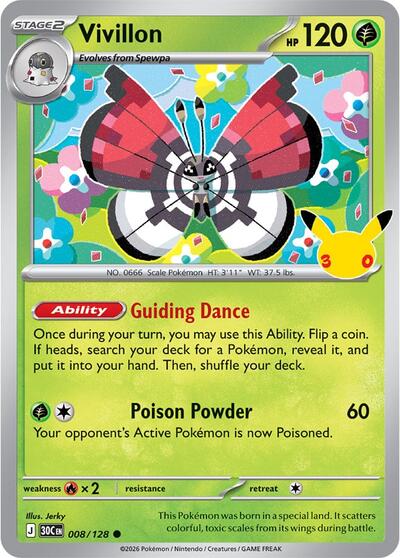 2026 Pokemon: ME: 30th Celebration (30C) - Vivillon (#008/128, Common) (Holofoil, Near Mint)