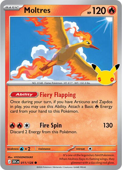 2026 Pokemon: ME: 30th Celebration (30C) - Moltres - 011/128 (#011/128, Common) (Holofoil, Near Mint)