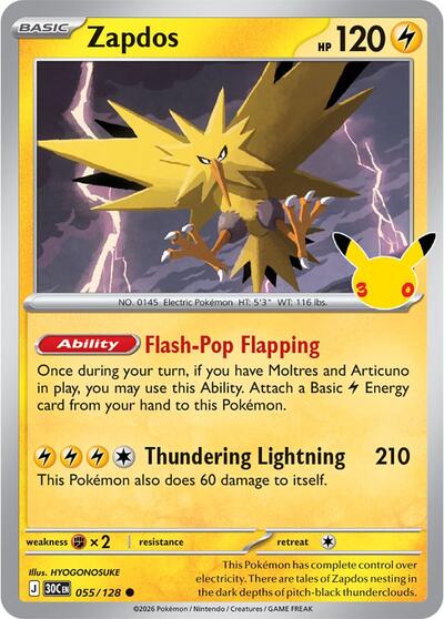 2026 Pokemon: ME: 30th Celebration (30C) - Zapdos 055 128 (#055/128, Common) (Holofoil, Near Mint)