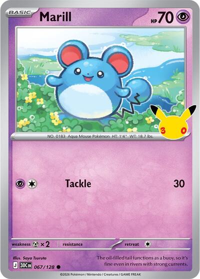 2026 Pokemon: ME: 30th Celebration (30C) - Marill (#067/128, Common) (Holofoil, Near Mint)
