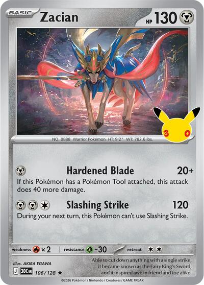 2026 Pokemon: ME: 30th Celebration (30C) - Zacian (#106/128, Rare) (Holofoil, Near Mint)