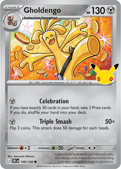 2026 Pokemon: ME: 30th Celebration (30C) - Gholdengo - 108/128 (#108/128, Common) (Holofoil, Near Mint)